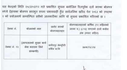 बोलपत्र स्वीकृत गर्ने आशयको सूचना – 2083/04/16