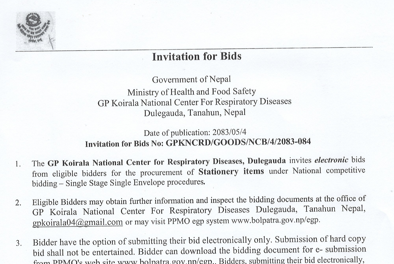 Invitation for Bids No: GPKNCRD/GOODS/NCB/4/2083-084