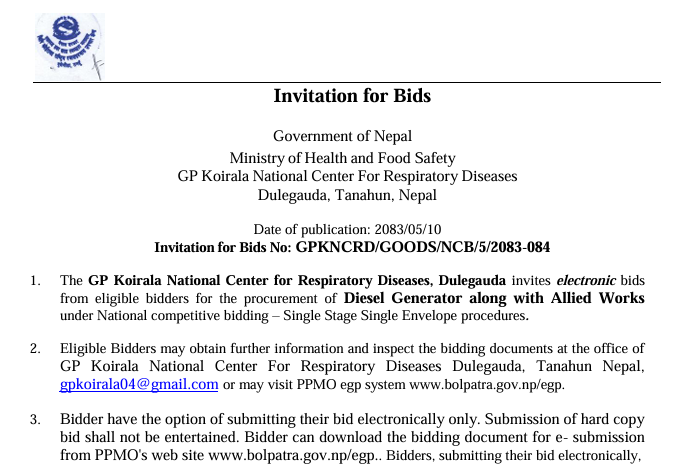 Invitation for Bids No: GPKNCRD/GOODS/NCB/5/2083-084