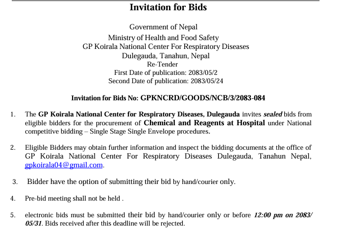 Re-Tender Invitation for Bids No: GPKNCRD/GOODS/NCB/3/2083-084